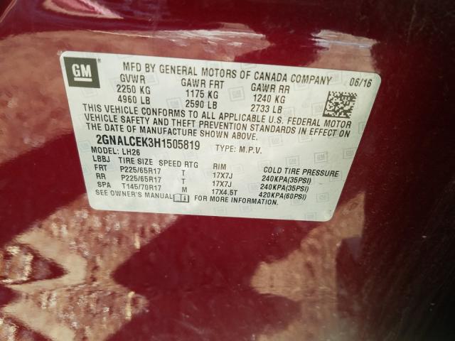 Photo 9 VIN: 2GNALCEK3H1505819 - CHEVROLET EQUINOX LT 