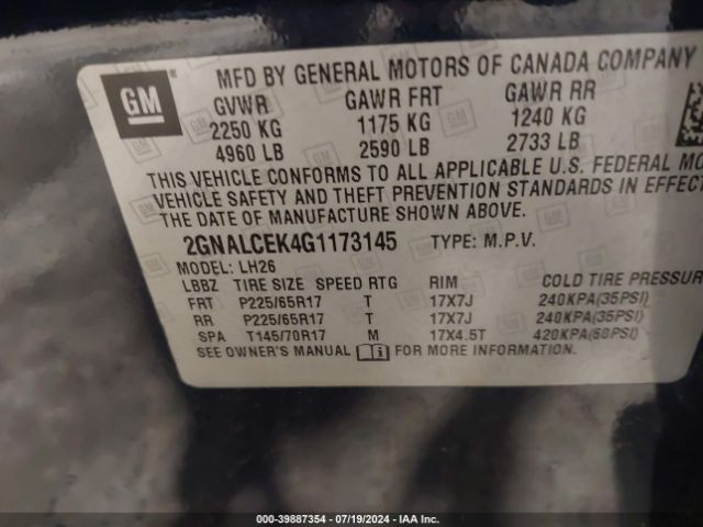 Photo 8 VIN: 2GNALCEK4G1173145 - CHEVROLET EQUINOX 