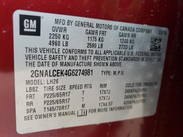 Photo 9 VIN: 2GNALCEK4G6274981 - CHEVROLET EQUINOX LT 