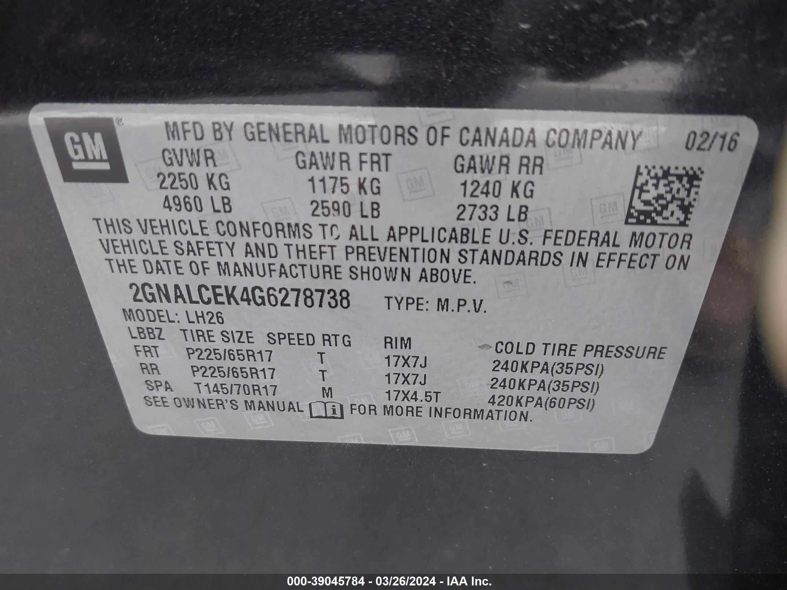 Photo 8 VIN: 2GNALCEK4G6278738 - CHEVROLET EQUINOX 