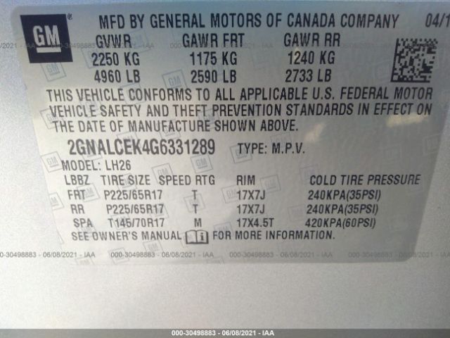 Photo 8 VIN: 2GNALCEK4G6331289 - CHEVROLET EQUINOX 