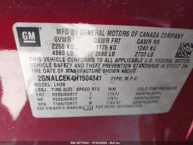 Photo 8 VIN: 2GNALCEK4H1504341 - CHEVROLET EQUINOX 