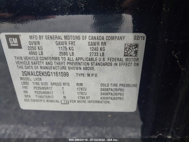 Photo 8 VIN: 2GNALCEK5G1161599 - CHEVROLET EQUINOX 