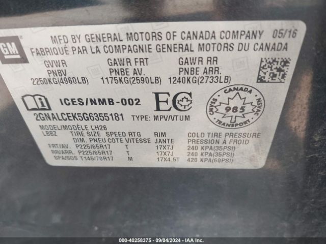 Photo 8 VIN: 2GNALCEK5G6355181 - CHEVROLET EQUINOX 