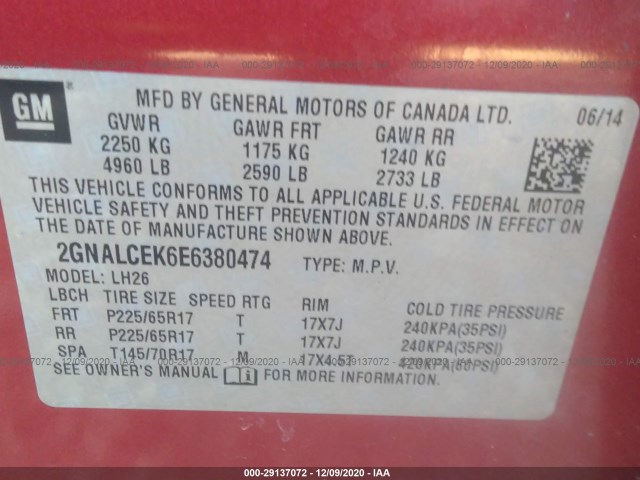 Photo 8 VIN: 2GNALCEK6E6380474 - CHEVROLET EQUINOX 