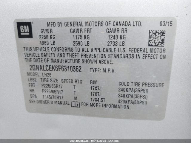 Photo 8 VIN: 2GNALCEK6F6310362 - CHEVROLET EQUINOX 