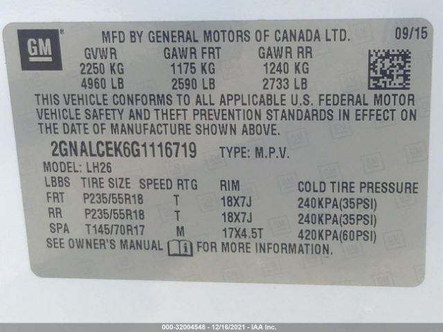 Photo 8 VIN: 2GNALCEK6G1116719 - CHEVROLET EQUINOX 