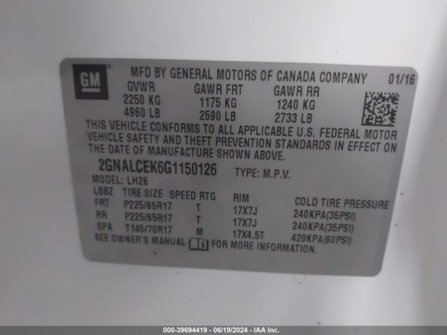 Photo 8 VIN: 2GNALCEK6G1150126 - CHEVROLET EQUINOX 