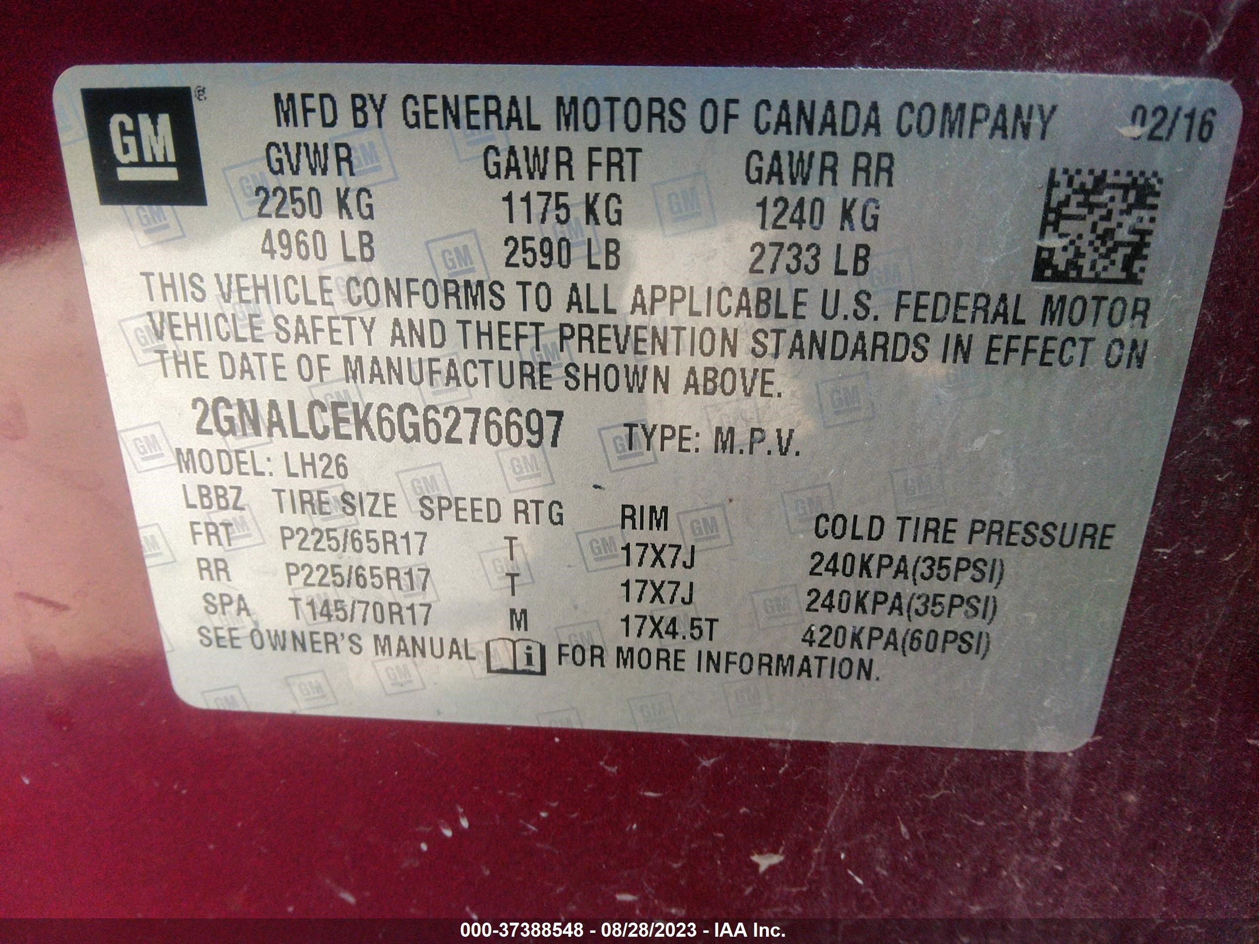 Photo 8 VIN: 2GNALCEK6G6276697 - CHEVROLET EQUINOX 