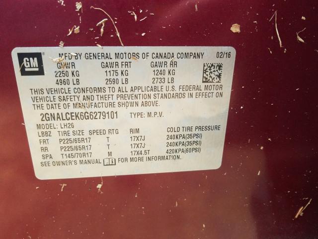 Photo 9 VIN: 2GNALCEK6G6279101 - CHEVROLET EQUINOX 