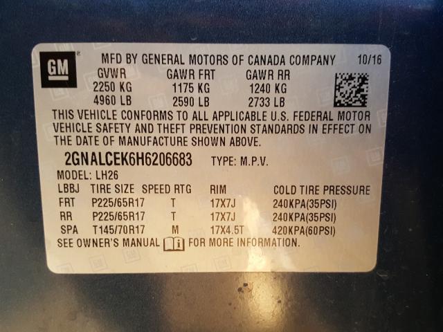 Photo 9 VIN: 2GNALCEK6H6206683 - CHEVROLET EQUINOX LT 