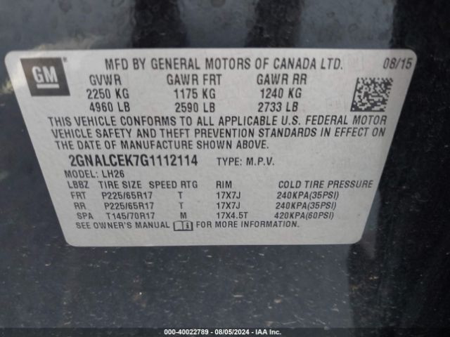 Photo 8 VIN: 2GNALCEK7G1112114 - CHEVROLET EQUINOX 