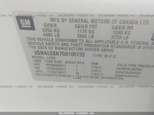 Photo 8 VIN: 2GNALCEK7G6105733 - CHEVROLET EQUINOX 