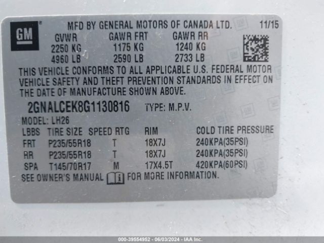 Photo 8 VIN: 2GNALCEK8G1130816 - CHEVROLET EQUINOX 