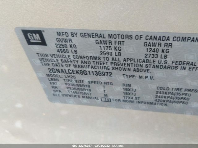 Photo 8 VIN: 2GNALCEK8G1136972 - CHEVROLET EQUINOX 