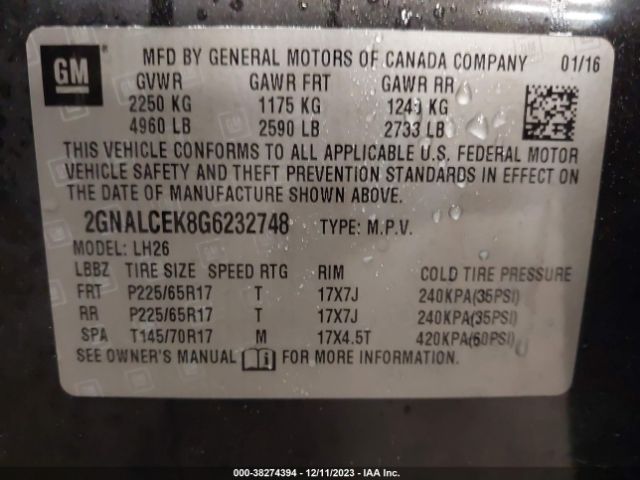 Photo 8 VIN: 2GNALCEK8G6232748 - CHEVROLET EQUINOX 