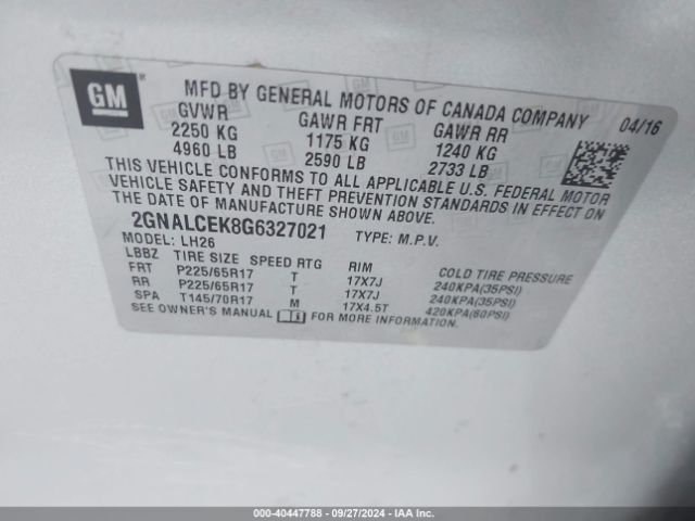 Photo 8 VIN: 2GNALCEK8G6327021 - CHEVROLET EQUINOX 