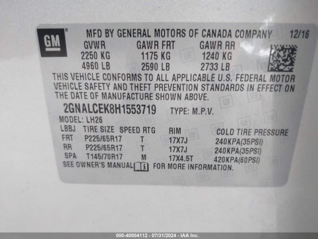 Photo 8 VIN: 2GNALCEK8H1553719 - CHEVROLET EQUINOX 