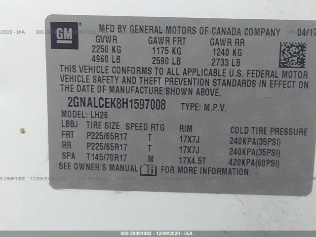 Photo 8 VIN: 2GNALCEK8H1597008 - CHEVROLET EQUINOX 