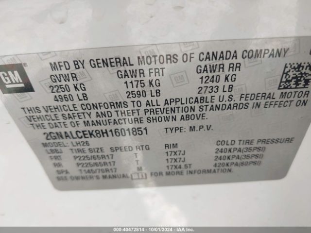 Photo 8 VIN: 2GNALCEK8H1601851 - CHEVROLET EQUINOX 