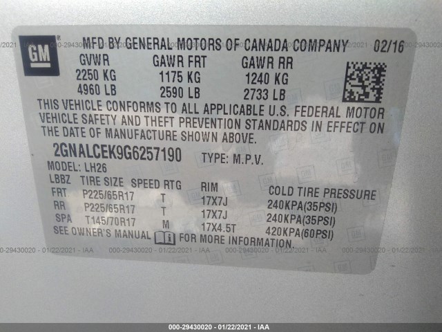 Photo 8 VIN: 2GNALCEK9G6257190 - CHEVROLET EQUINOX 