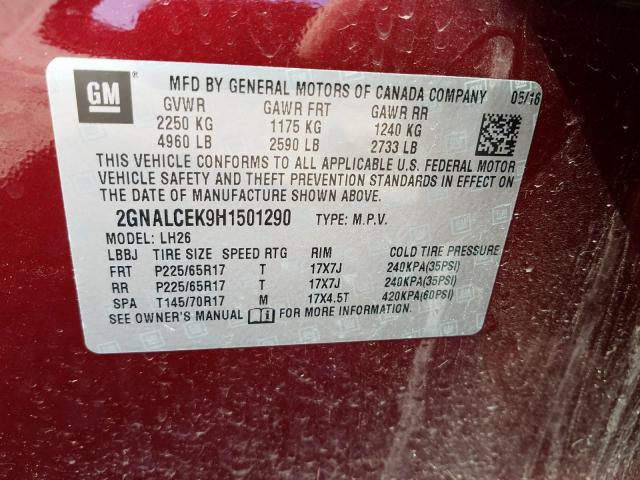 Photo 9 VIN: 2GNALCEK9H1501290 - CHEVROLET EQUINOX LT 