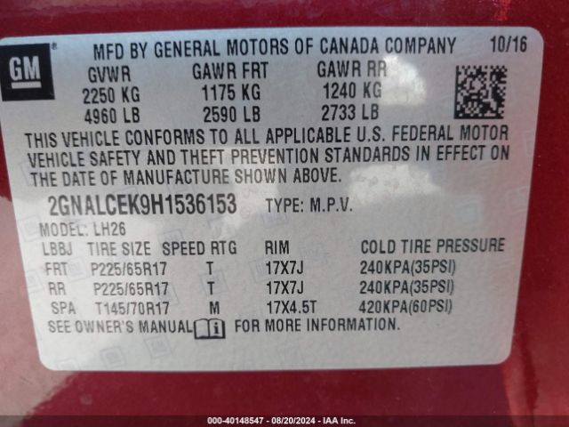 Photo 8 VIN: 2GNALCEK9H1536153 - CHEVROLET EQUINOX 