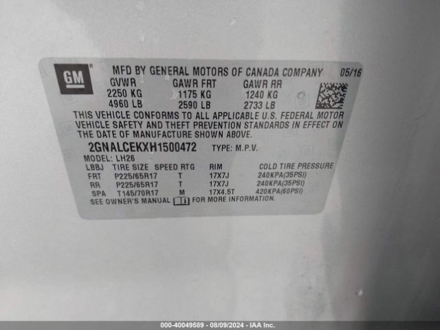 Photo 8 VIN: 2GNALCEKXH1500472 - CHEVROLET EQUINOX 