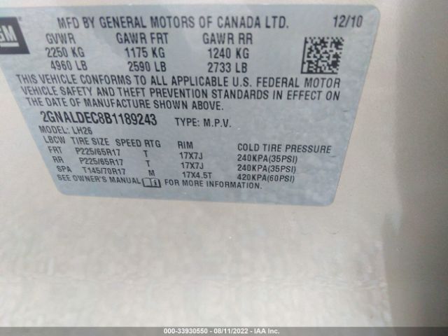 Photo 8 VIN: 2GNALDEC8B1189243 - CHEVROLET EQUINOX 