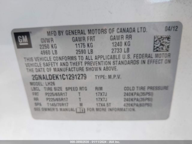 Photo 8 VIN: 2GNALDEK1C1291279 - CHEVROLET EQUINOX 