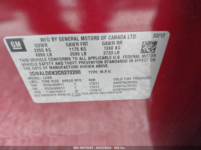 Photo 8 VIN: 2GNALDEK2C6272288 - CHEVROLET EQUINOX 