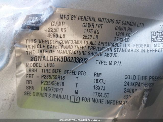 Photo 8 VIN: 2GNALDEK3D6203692 - CHEVROLET EQUINOX 