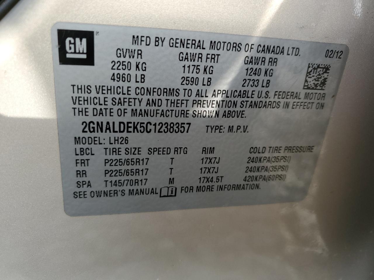 Photo 11 VIN: 2GNALDEK5C1238357 - CHEVROLET EQUINOX 