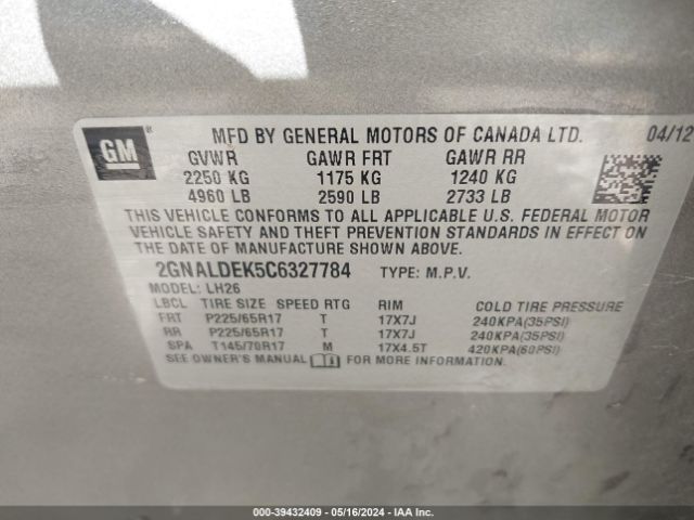 Photo 8 VIN: 2GNALDEK5C6327784 - CHEVROLET EQUINOX 