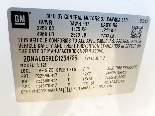 Photo 9 VIN: 2GNALDEK6C1264725 - CHEVROLET EQUINOX LT 