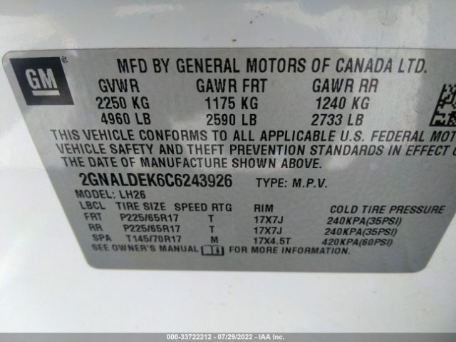 Photo 8 VIN: 2GNALDEK6C6243926 - CHEVROLET EQUINOX 