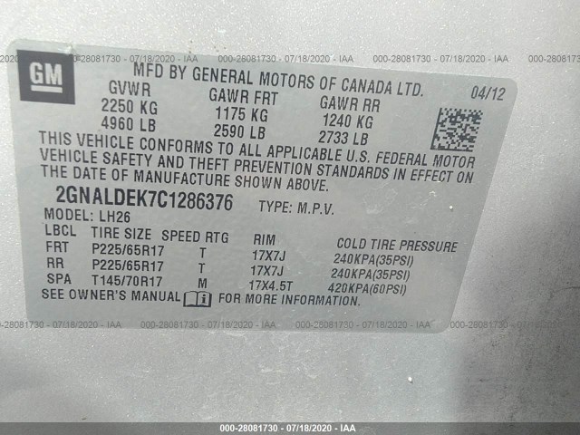 Photo 8 VIN: 2GNALDEK7C1286376 - CHEVROLET EQUINOX 