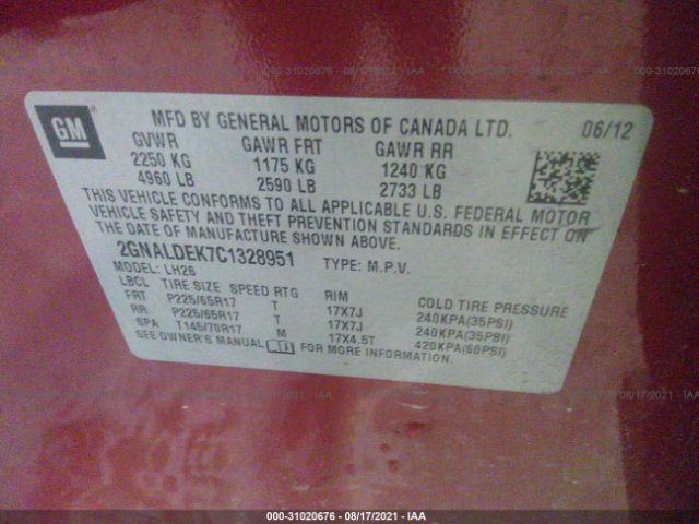 Photo 8 VIN: 2GNALDEK7C1328951 - CHEVROLET EQUINOX 