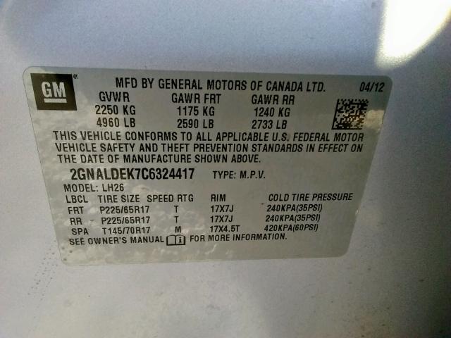 Photo 9 VIN: 2GNALDEK7C6324417 - CHEVROLET EQUINOX LT 