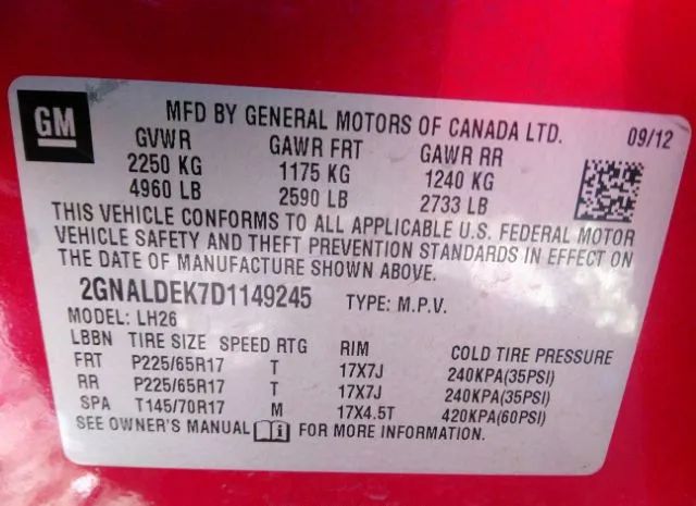 Photo 8 VIN: 2GNALDEK7D1149245 - CHEVROLET EQUINOX 