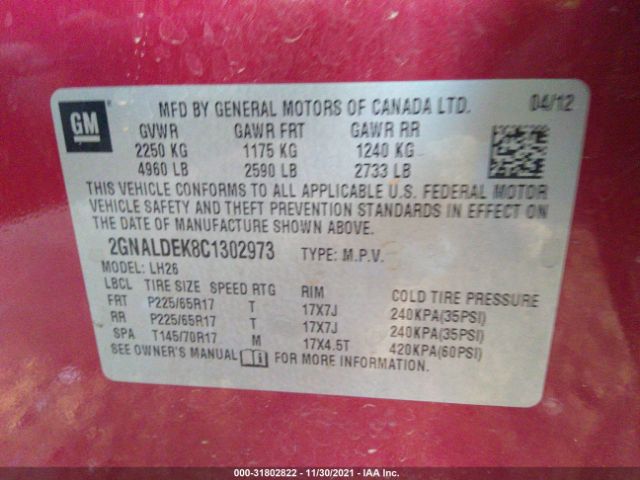 Photo 8 VIN: 2GNALDEK8C1302973 - CHEVROLET EQUINOX 