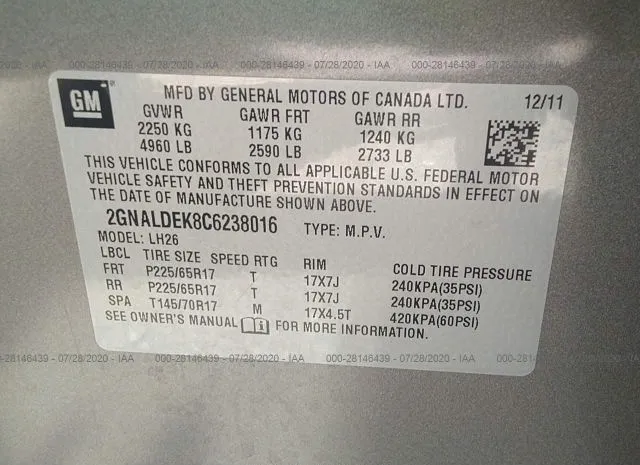 Photo 8 VIN: 2GNALDEK8C6238016 - CHEVROLET EQUINOX 