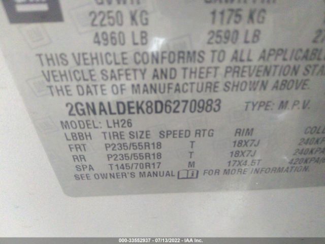 Photo 8 VIN: 2GNALDEK8D6270983 - CHEVROLET EQUINOX 