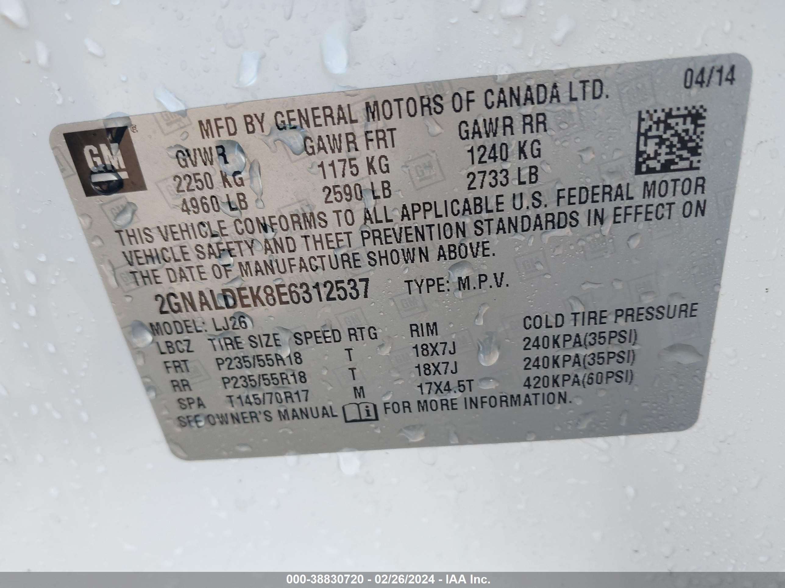 Photo 8 VIN: 2GNALDEK8E6312537 - CHEVROLET EQUINOX 