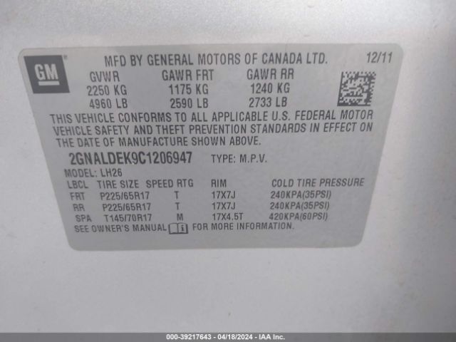 Photo 8 VIN: 2GNALDEK9C1206947 - CHEVROLET EQUINOX 