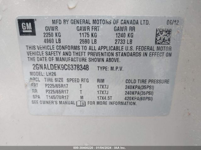 Photo 8 VIN: 2GNALDEK9C6378348 - CHEVROLET EQUINOX 