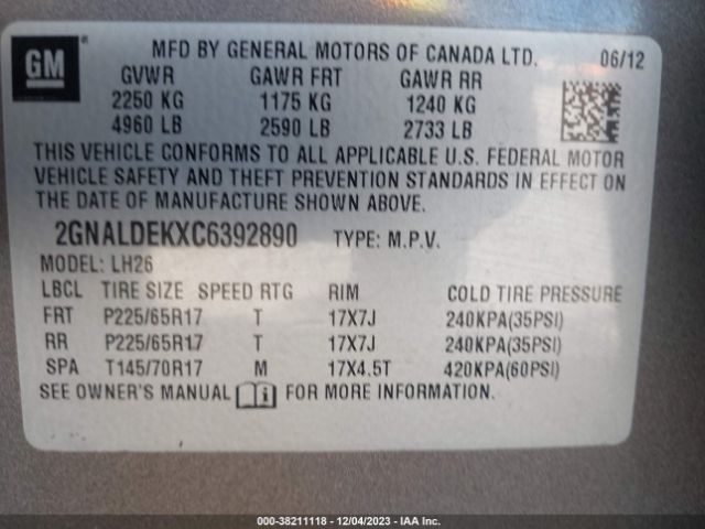 Photo 8 VIN: 2GNALDEKXC6392890 - CHEVROLET EQUINOX 