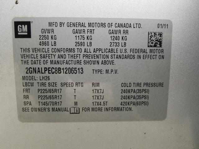 Photo 9 VIN: 2GNALPEC8B1206513 - CHEVROLET EQUINOX LT 