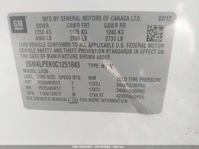 Photo 8 VIN: 2GNALPEK0C1251843 - CHEVROLET EQUINOX 