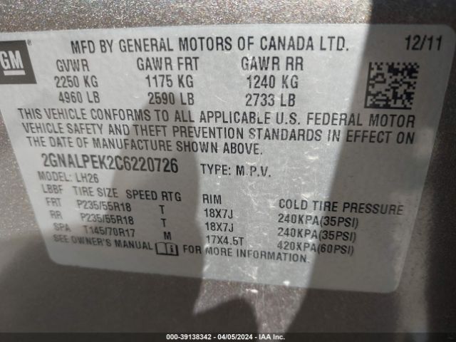 Photo 8 VIN: 2GNALPEK2C6220726 - CHEVROLET EQUINOX 